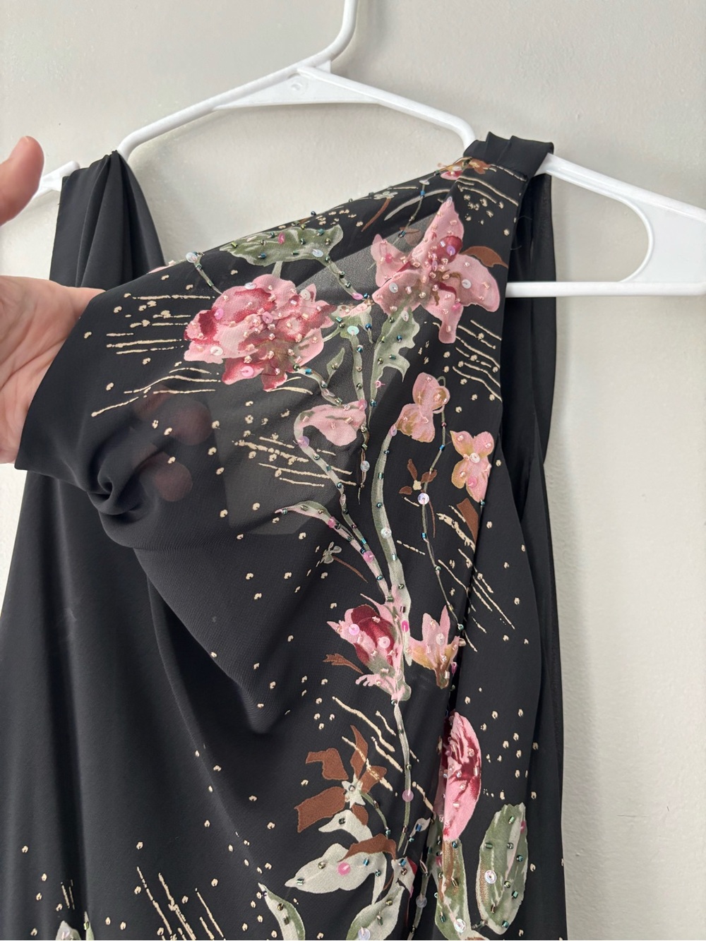 Y2K Black Asymmetrical Fairycore Beaded Pink Floral Draped Collar Dress - Small - Picture 14 of 15